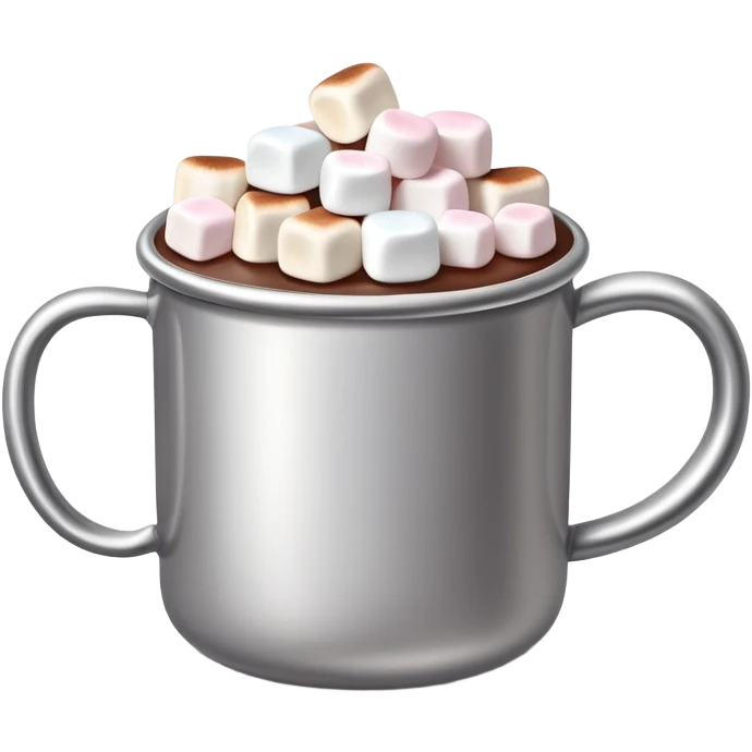 hot chocolate in a silver colored mug with marshmallows  emoji