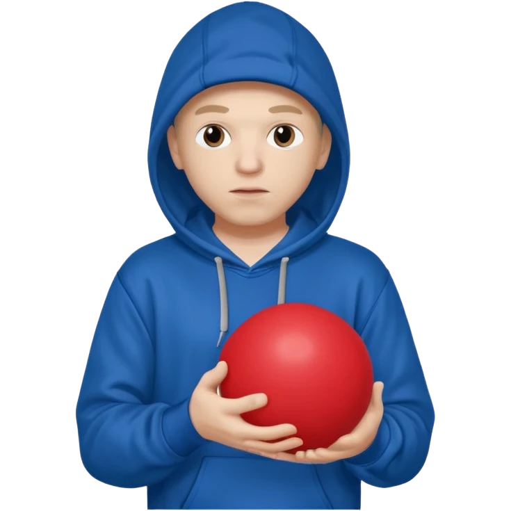 white rapper in a hoodie holding a blue ball and a red ball in opposite hands emoji