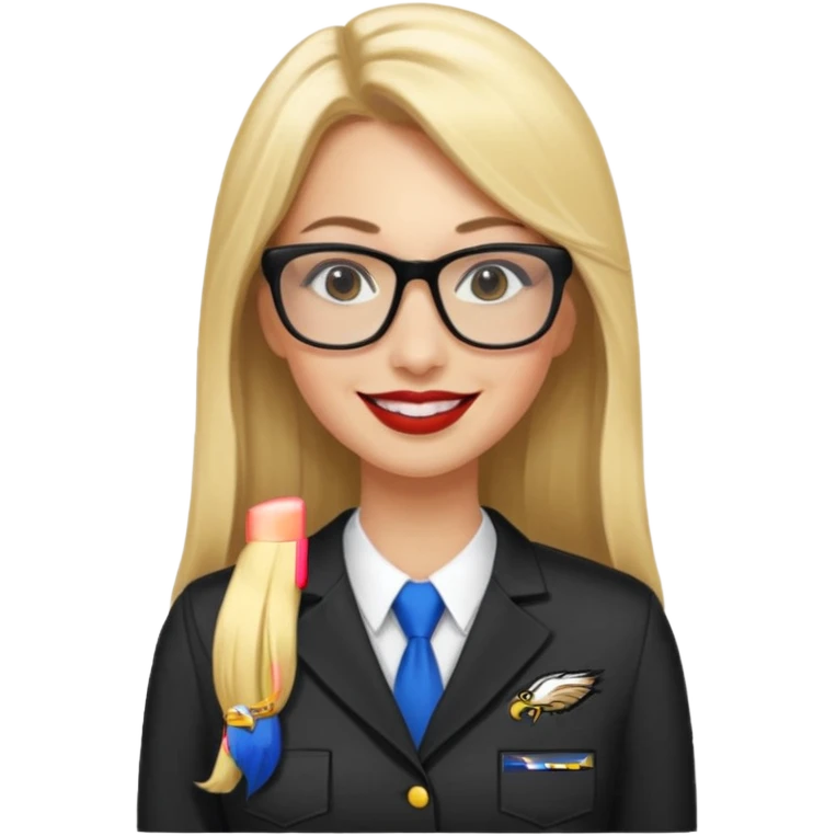 long blonde straight hair, black rectangle glasses, smiling, lipstick, full length eagles uniform, 33 emoji