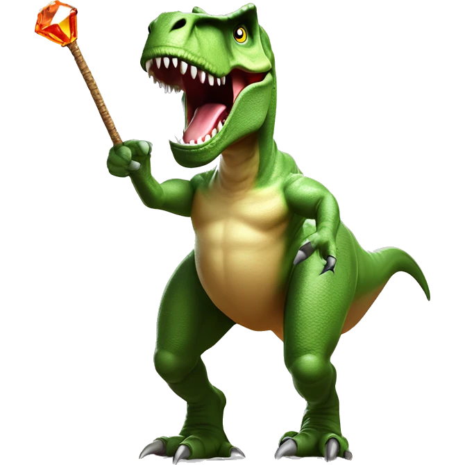 A Tyrannosaurus rex, striding confidently with a jeweled pimp cane in its tiny forelimbs, grins with predatory dominance under the Mesozoic sun. emoji