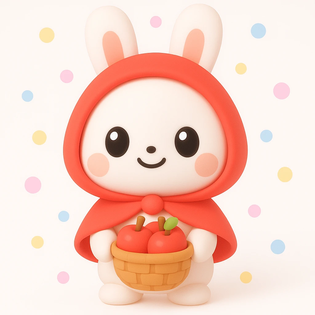 cute 3D iOS kawaii style illustration of a small white bunny wearing a red hooded cape, holding a basket of apples, round and adorable, big eyes, sweet expression, playful and bright 3D style emoji
