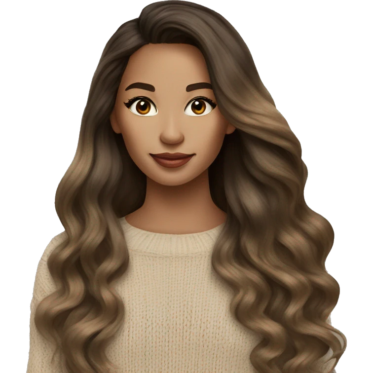 Brunette balayage long hair women beige sweater emoji