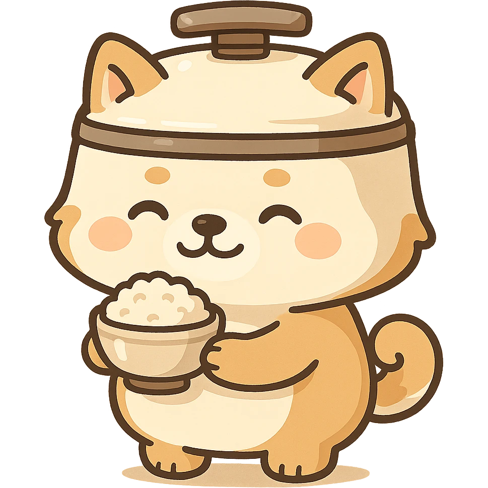 chibi style rice cooker dog with a round belly, holding a rice bowl, soft cream and brown tones, full-body emoji