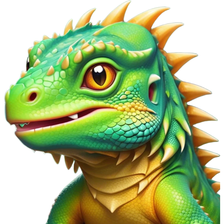 Cinematic Cute Iguana Portrait Emoji, Head tilted playfully and inquisitively, featuring a delightfully vibrant, textured body with a subtle spiky crest and large, sparkling eyes full of gentle wonder, Simplified yet irresistibly adorable features, highly detailed, glowing with a warm, inviting jungle glow, high shine, affectionate and lively, stylized with a touch of whimsical reptilian charm, soft glowing outline, capturing the essence of a mischievous yet loving iguana that seems as if it could scurry out of the screen into your arms! emoji