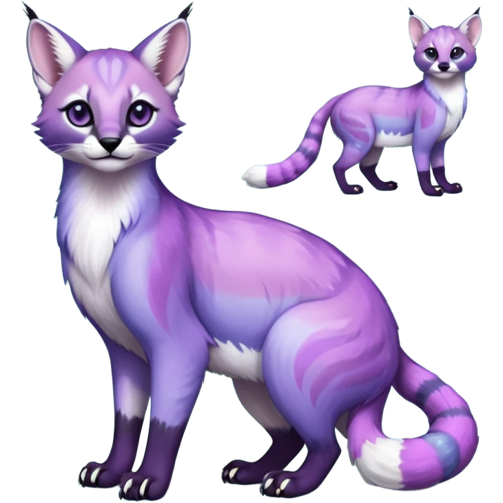 Colorful dark tropical pastel-lilac-lavender-violet iridescent pastel white glorious divine exotic cute cool beautiful shiny beautiful fantasy-caracal-civet-genet-sergal-vernid-Cacomistle-oncilla-animal-Fakémon-hybrid-fursona (full body) emoji