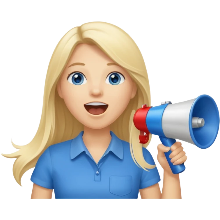 blue eyes blonde girl yelling into megaphone saying timeout long hair smiling emoji