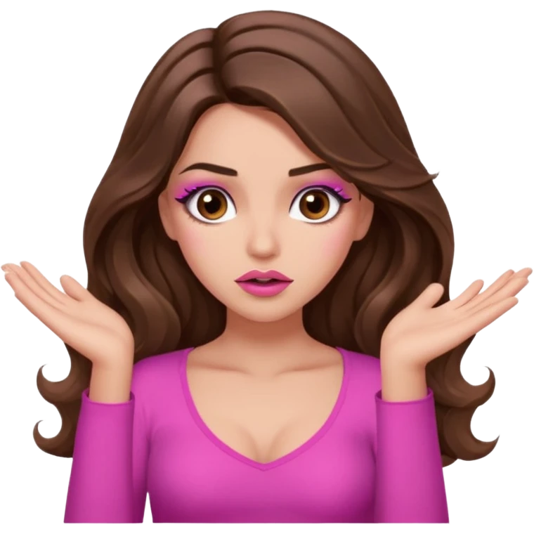 girl with long wavy brown hair, brown eyes, long lashes makeup, sexy pink lips, light to medium complexion, pink sexy top, shrugging with both hands, confused emoji