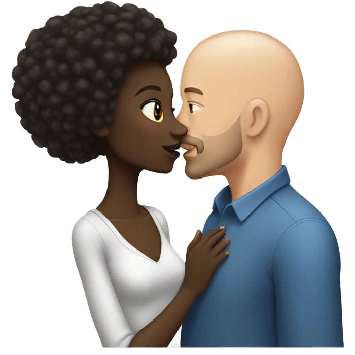 African  girl dark hair kissing white bald man with goatee emoji