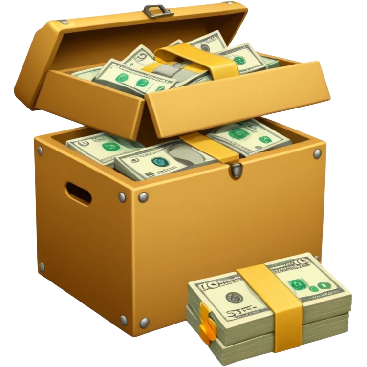 a bunch of preloved stuff in a box, with a small pile of cash notes on the side, indicating that this box is for sale emoji