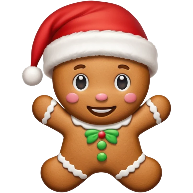 A cute gingerbread cookie with a face and a Santa hat emoji