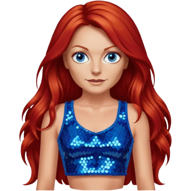 Geri Halliwell with long red hair, blue eyes, red sequin crop top emoji
