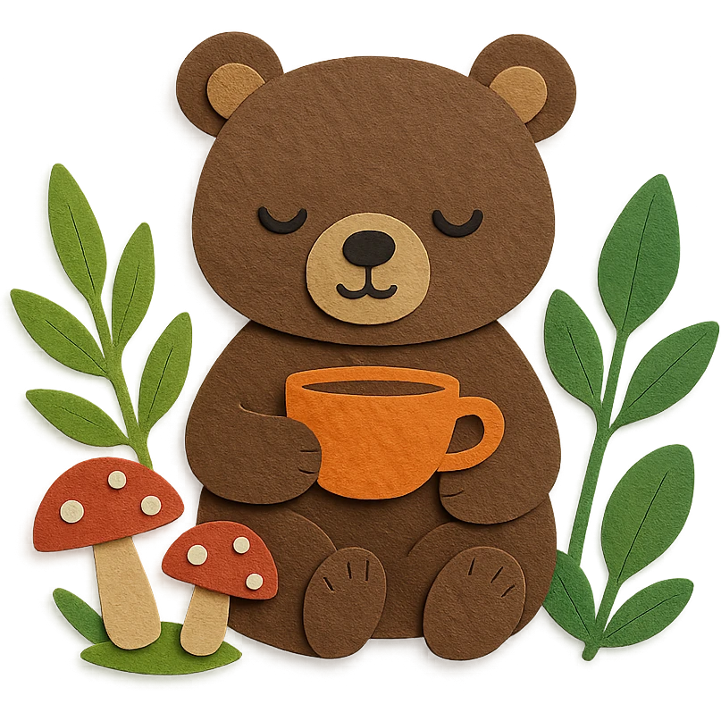 little bear sipping tea in the forest, surrounded by leaves and mushrooms, paper-craft style emoji