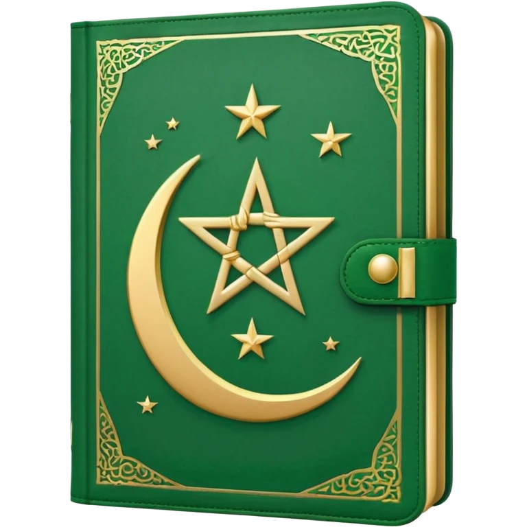Closed Quran with the Islamic Symbol on it (moon and star) green from left to right emoji