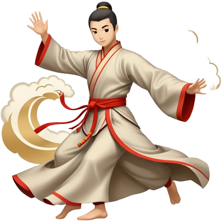 Emblem symbolizing Wushu martial arts. A graceful martial artist performs a dynamic kung fu pose, with flowing movements and a long, elegant robe. The background features stylized clouds and traditional Chinese symbols, representing fluidity, balance, and precision. Transparent background. emoji
