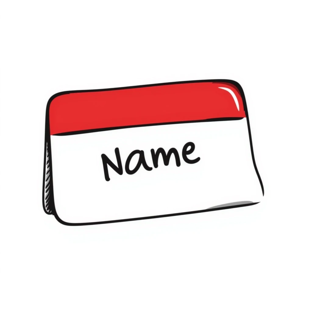 classic red and white name tag with the word 'Name' emoji