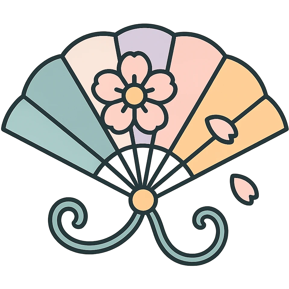Chinese fan with curved cords, floral ornament and petals, high detail, complex shadows and highlights, thin clean outlines, soft rounded shapes, pastel palette #98B5BC, #B5B3C1, #C9A3C9, #E4C0CA, #F7DCD1, #F7C0AA, modern Japanese pop art and sticker aesthetic, soft lighting, transparent background emoji