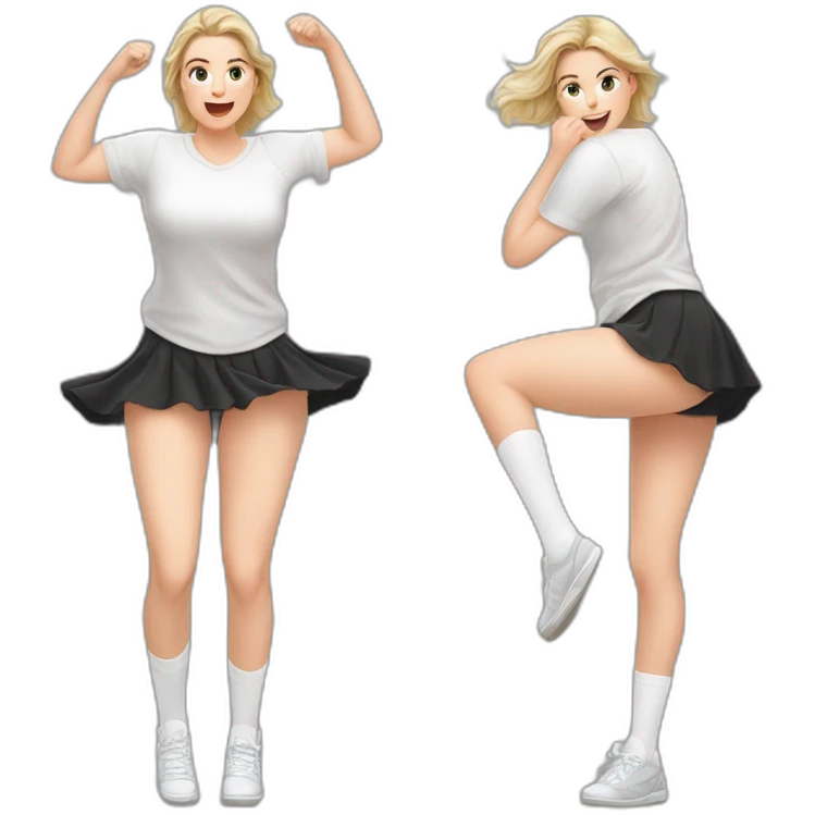 realistic full body caucasian curvy beauty jumping short black skirt back and front views strong wind white knickers long white socks emoji