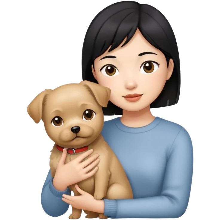 An Asian girl with short black hair, holding a Yorkshire dog emoji