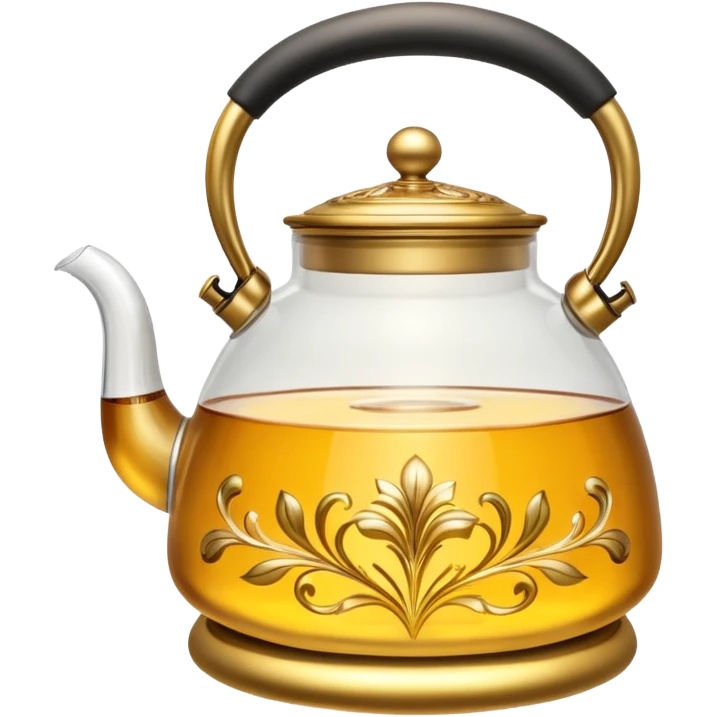 glass tea kettle with gold tea emoji