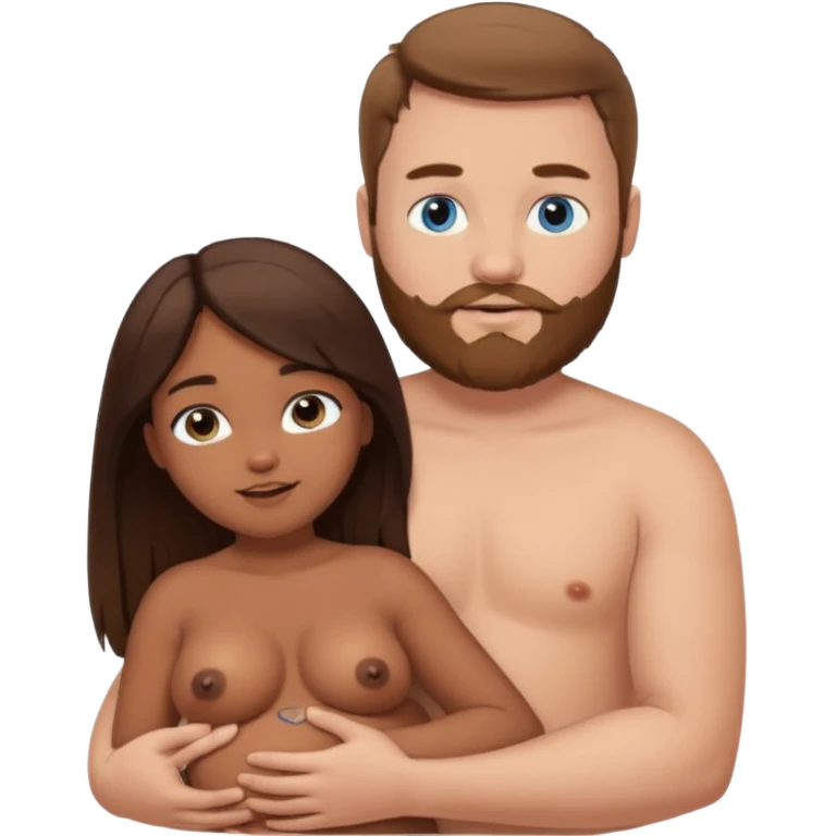 chubby white guy with brown hair and beard and blue eyes, holding a brown girl with long dark hair and brown eyes in arms, naked, showing tits and pussy emoji
