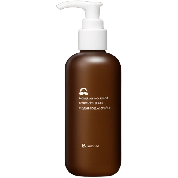 slim and tall brown oil cleanser bottle with white chinese label and white pump emoji