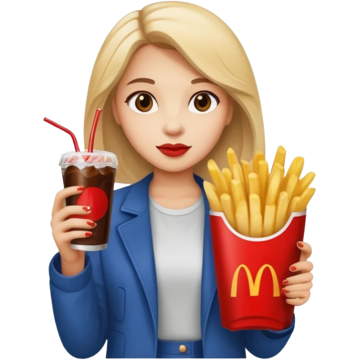 a young woman full length with cola in one hand and french fries in the other hand and a painting under her arm emoji