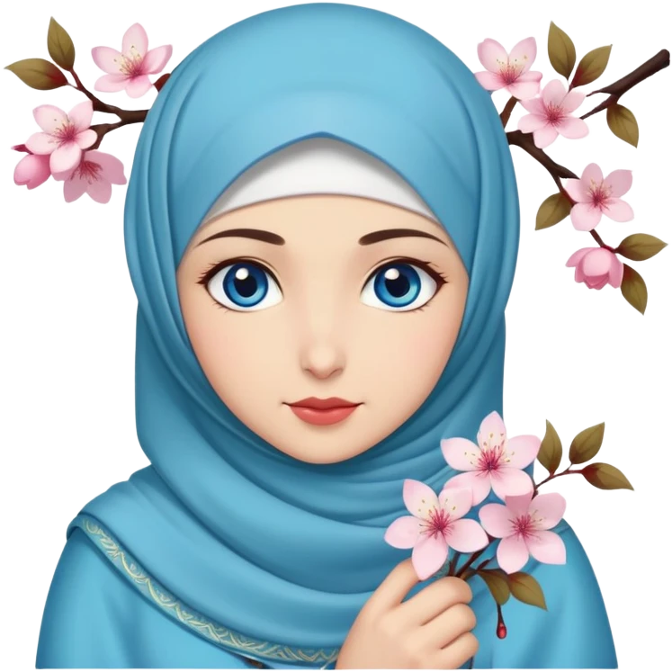 Turkish beautiful finish Konya girl blue eyes with hijab islamic dress and had on her hand cherry blossom emoji