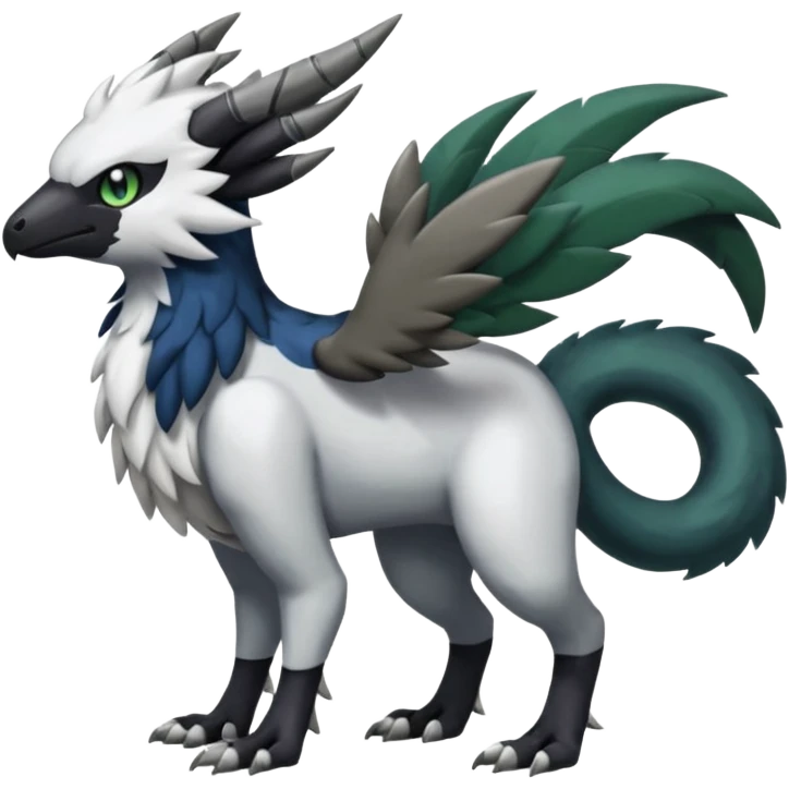 Shiny Black Grey White and Dark-Green Trico-Nargacuga-Silvally-Skiddo-Sprigatito-Absol-fusion (full body) emoji