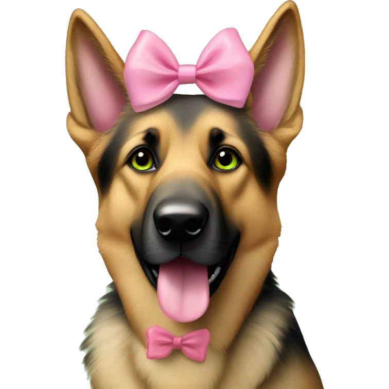 Girly brown German shepherd dog with pink bow on head and green eyes emoji