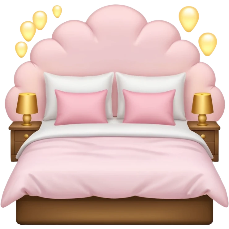 White bed with pastel pink pillows and golden lights emoji