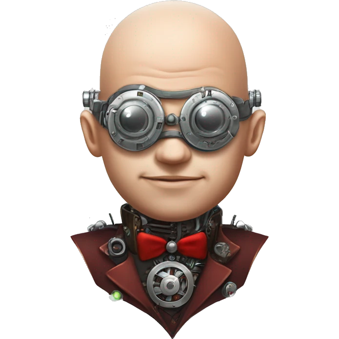 Bald cyborg head with red Mohawk, red beard. silver steampunk monocle goggles a smile and circuits emoji