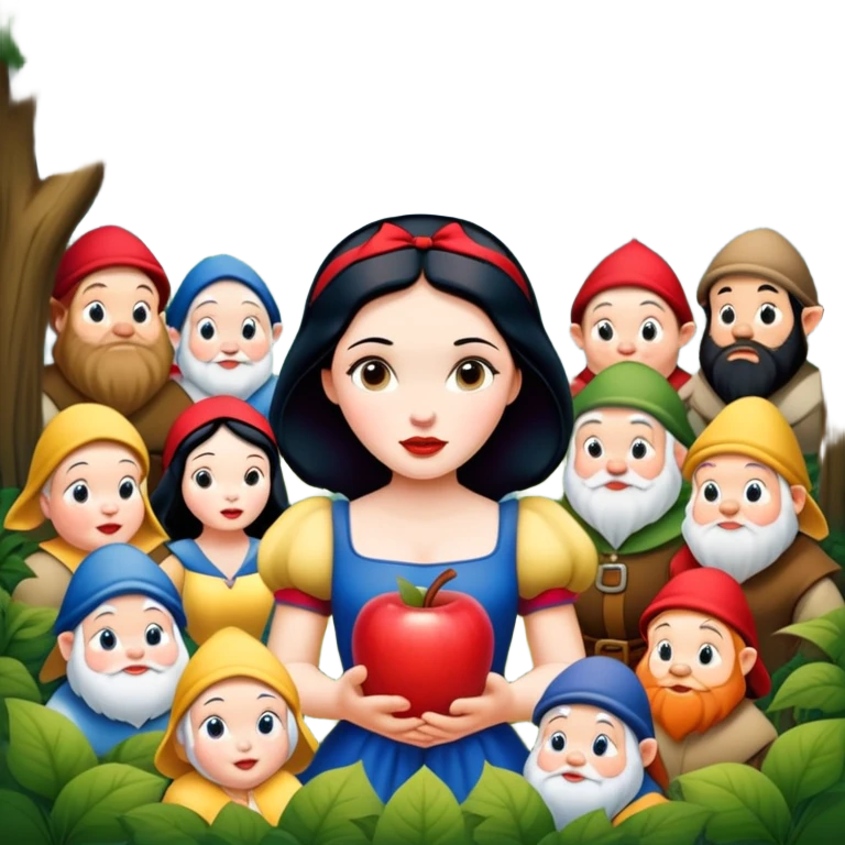 Snow White standing gracefully in a lush forest, surrounded by the Seven Dwarfs emoji