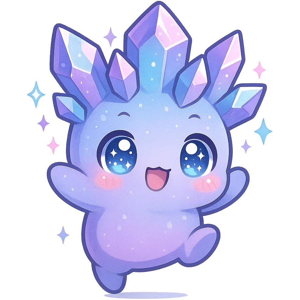 kawaii chibi style crystal sprite creature, purple, blue, and pink, jumping pose, sparkling eyes emoji