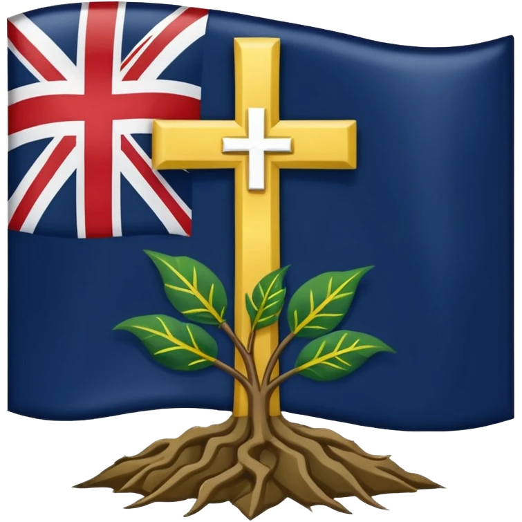 a flag with a Navy blue background with a white cross in the center, roots coming down from the bottom of the cross, a green leaf in the top right corner of the flag, and a slightly dark yellow star rising from behind the cross. emoji
