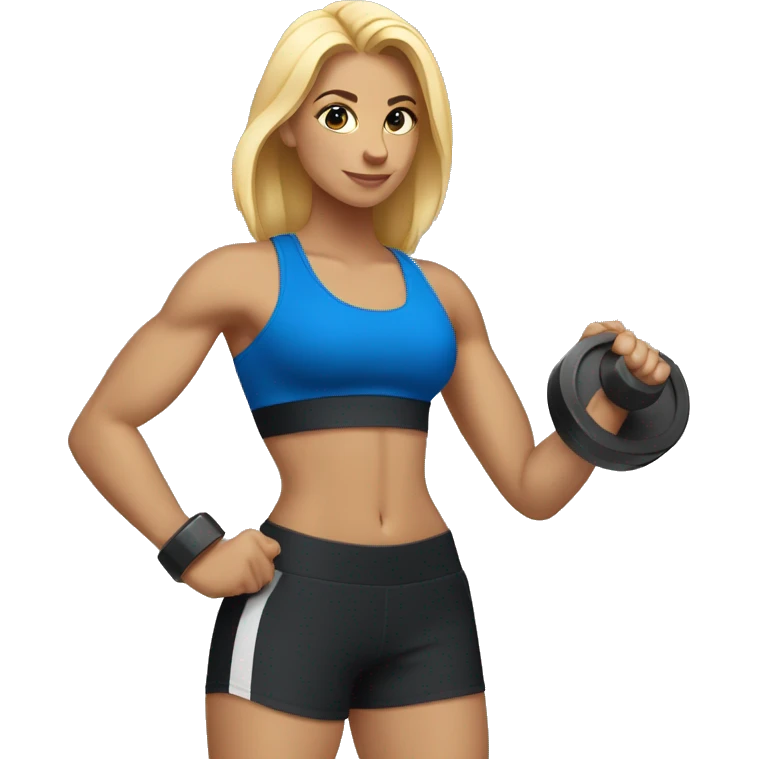 blonde woman working out with a black tank top and a blue shorts and she is holding a dumbell emoji