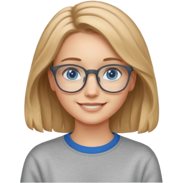 мила дівчинка з пшеничним та трохи хвилястим волоссям до грудей з голубими очами та в окулярах в сірому світшоті посміхається emoji