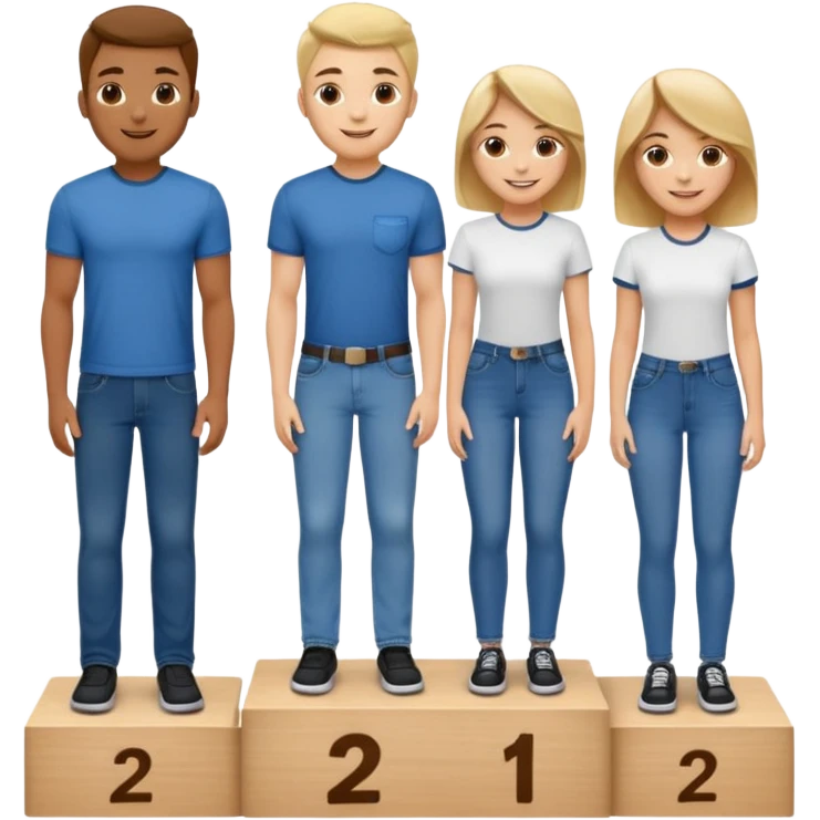 show people on podium in first, second and third place.  The podium should be labled 2, 1, 3.  The middle position should only have the number 1.  the people should be dressed in relaxed clothes like jeans and t-shirts emoji