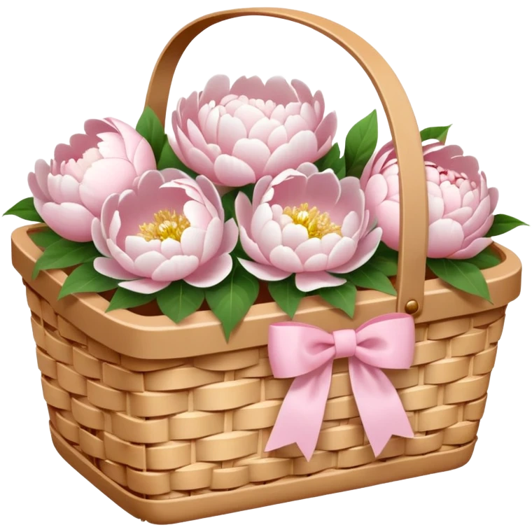 White Picnic basket with light pink bow and white peonies inside emoji