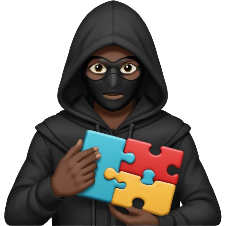 grayscale black mysterious masked hooded man with puzzle emoji
