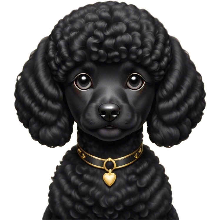 Cinematic Noble Black Poodle Portrait Emoji, Poised and regal, with a refined, elegant build and a meticulously groomed, curly jet-black Fur, deep-set soulful dark eyes, Simplified yet sharp and sophisticated features, highly detailed, glowing with a soft, dignified glow, high shine, intelligent and graceful, stylized with an air of sophistication, focused and attentive, soft glowing outline, capturing the essence of a watchful and confident companion, so majestic it feels as though it could prance out of the screen with effortless authority! emoji