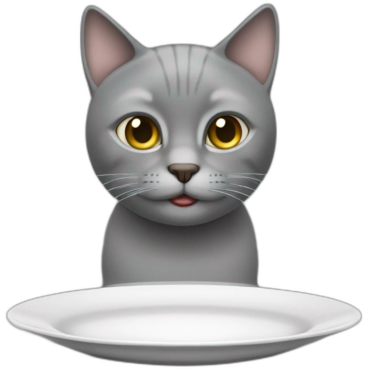 Hungry grey cat near empty plate emoji