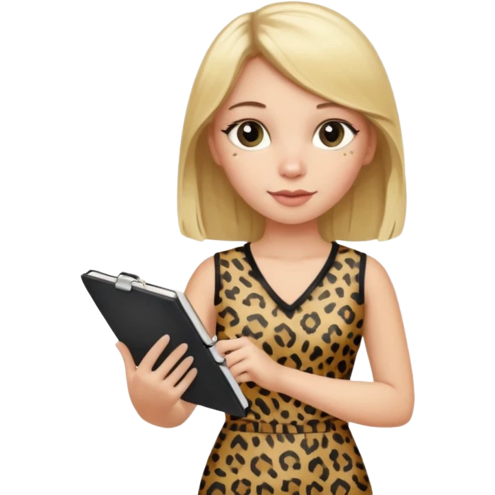 Blond hair girl with a leopard print dress and black leggings holding a note book and a pen emoji