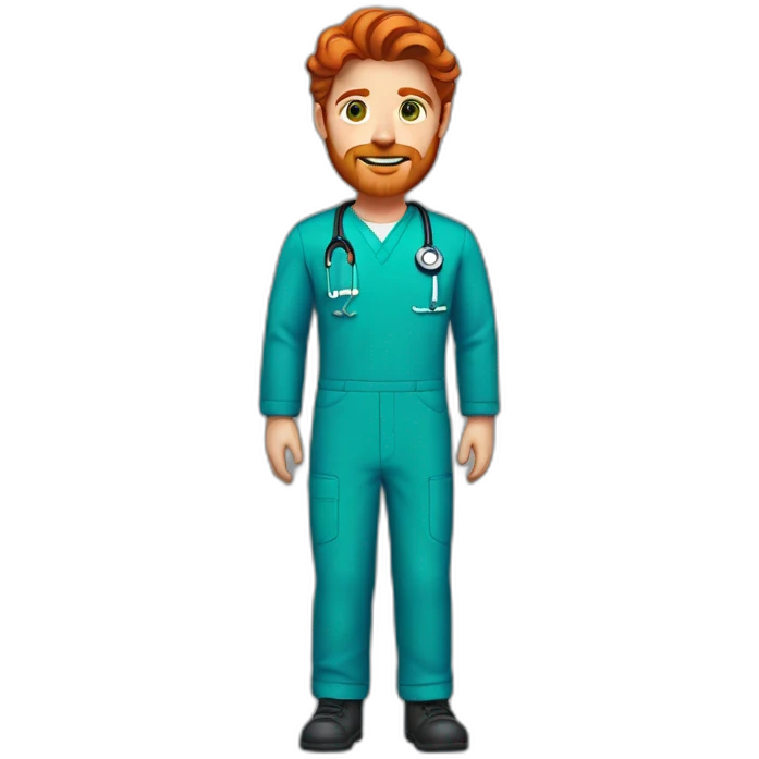 Red headed male with medium waves hair, green eyes, red beard and mustache, wearing blue scrubs emoji