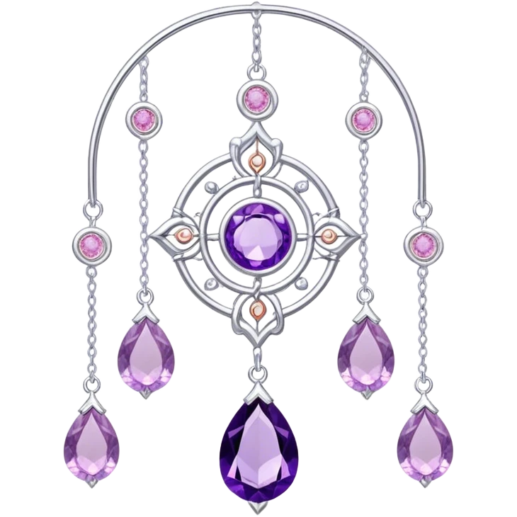 Epic Hanging silver suncatcher, threads with shiny sparkly amethyst and rose-quartz gemstones,  emoji