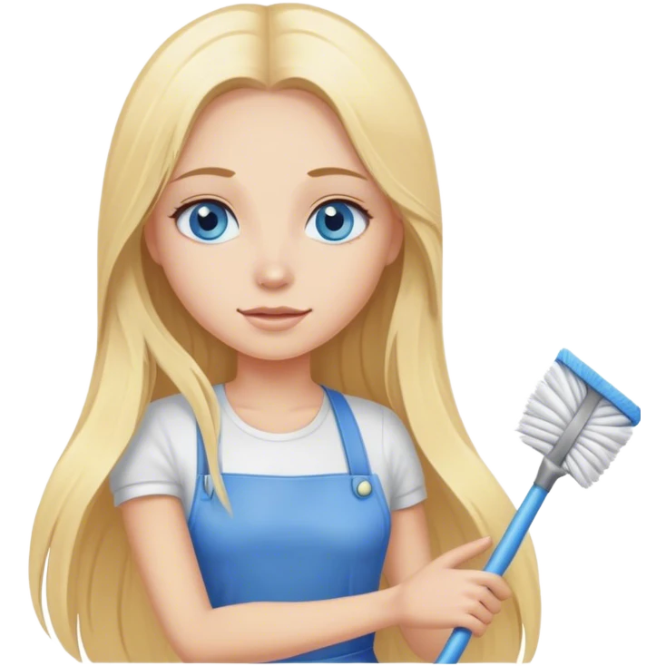 Cinematic realistic blonde with long hair, blue eyes cleans the room emoji
