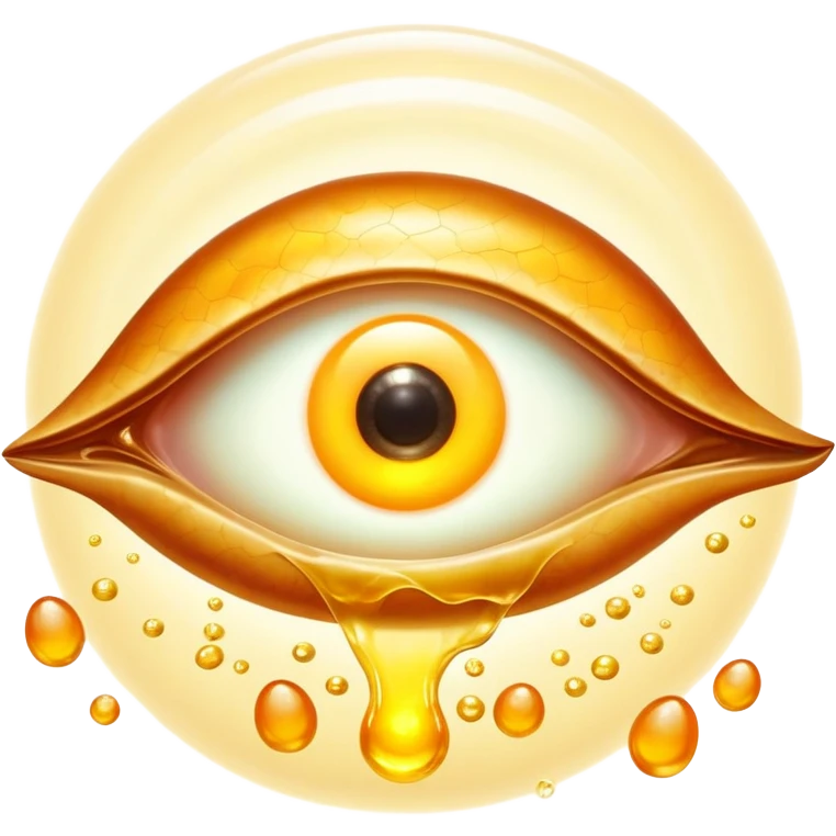 Glowing liver, bright egg yolks, and cod liver oil floating around an ethereal eye that emits golden light. The foods radiate warm amber rays representing vitamin A (retinol) content and its benefits for vision and skin health. emoji