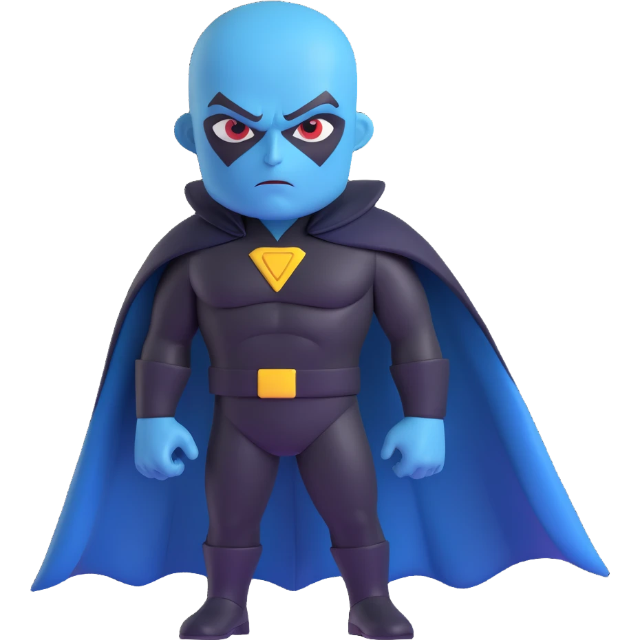 megamind character, blue-skinned supervillain with a large head, wearing a black cape and suit, confident expression, 3D style emoji