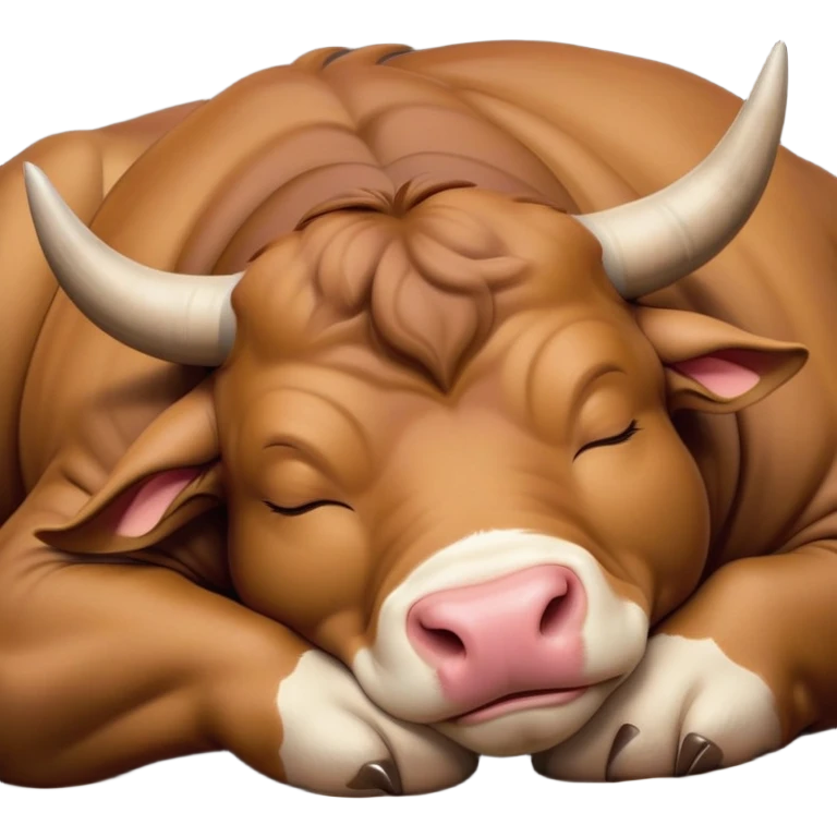 meme-worthy-cute-sleeping-domestic-bull-portrait-emoji,-head-resting-peacefully-with-a-contented-smile,-showcasing-a-robust,-muscular-build-and-a-luxuriously-soft-coat,-eyes-gently-closed-in-serene,-restful-slumber,-simplified,-solid-brown emoji
