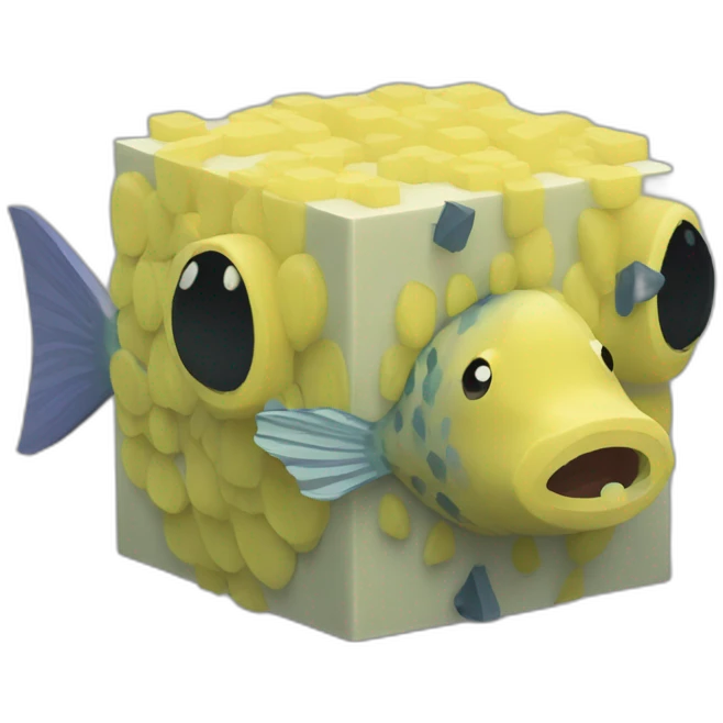 cube yellow fugu fish with two fins and tail in minecraft style full size emoji