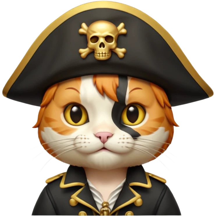 Premium 3D emoji icon of a cute ginger cat pirate, wearing a **pristine white** satin pirate hat with a gold skull icon, and a black and gold captain's jacket. Glossy finish, claymorphism style, soft studio lighting, isolated on white background, 8k resolution, stylized professional look --v 6.0 emoji